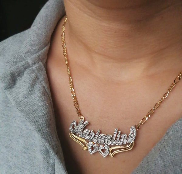 Double Plated Gold Name Plate Necklace Personalized Gold Custom Nameplate  Necklace for Women Two Town Letter Name Heart Pendant Necklace Jewelry for